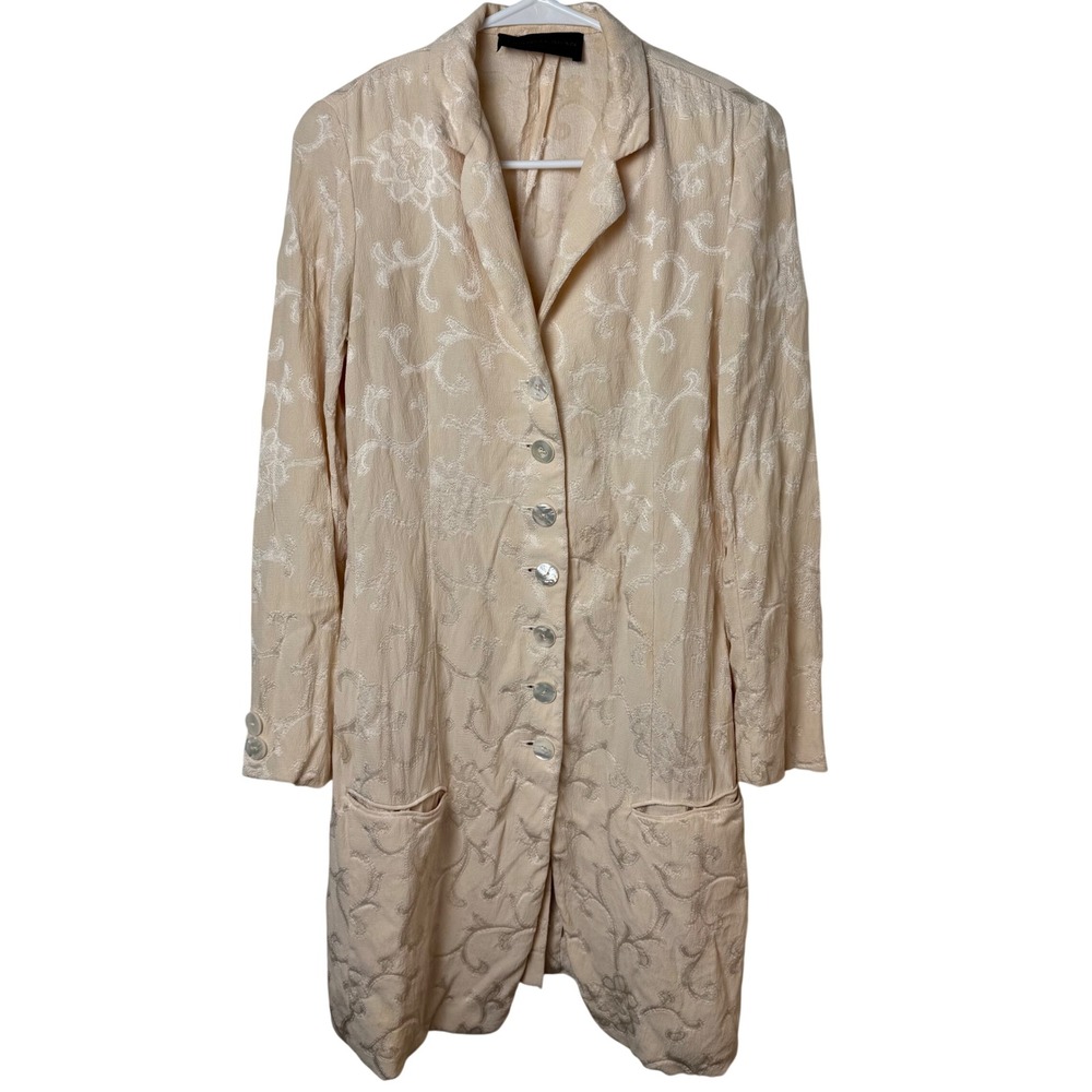 Donna Karan Duster Jacket Women Cream Floral Jacquard Mother of Pearl Buttons